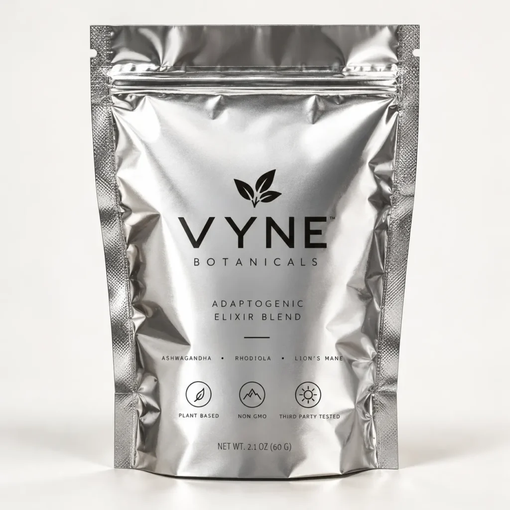 Silver mylar pouch of Vyne Botanicals Adaptogenic Elixir Blend with ashwagandha, rhodiola, lion's mane, plant-based, non-GMO