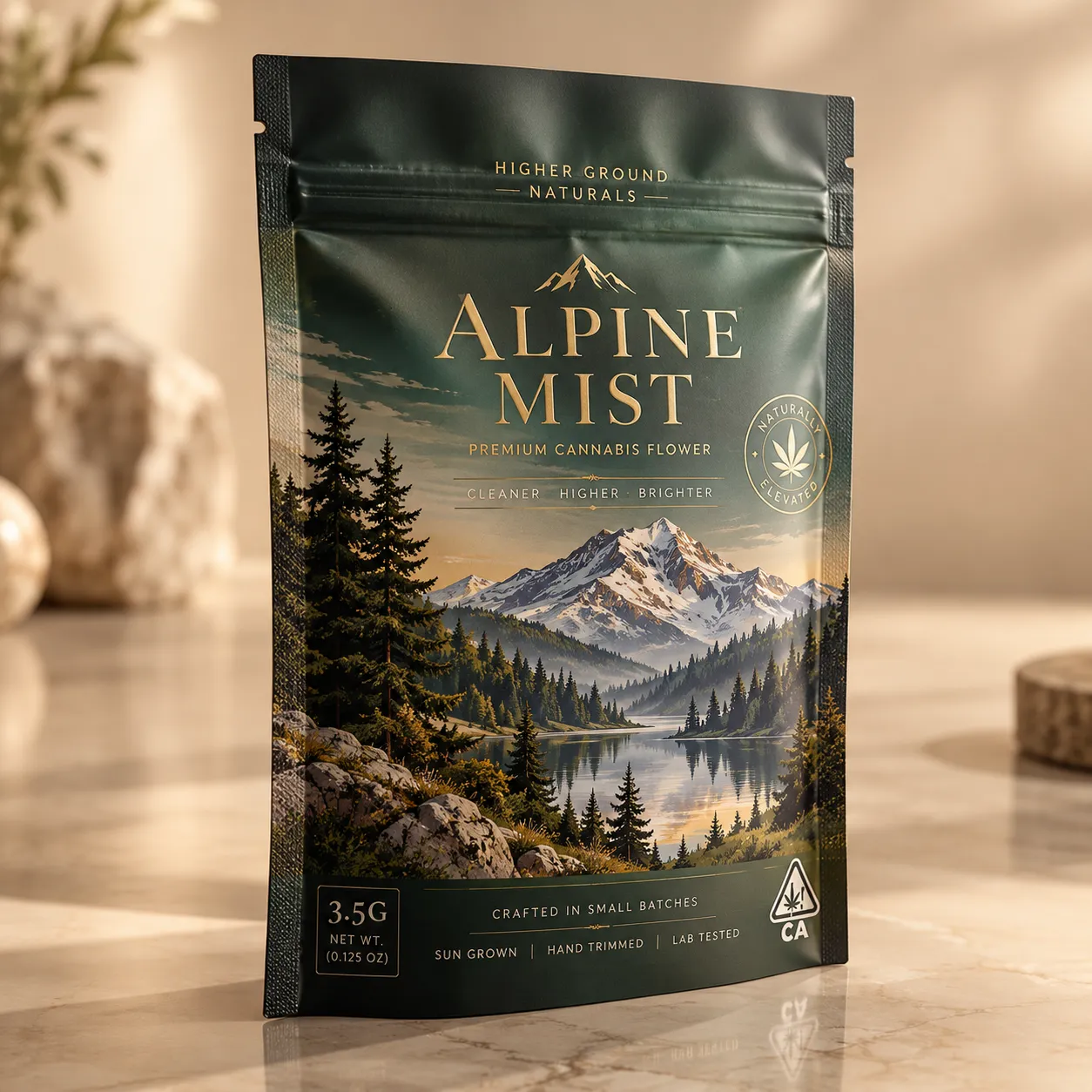Dark green mylar cannabis packaging bag for Alpine Mist premium flower, 3.5g, gold foil text, mountain lake scene, CA compliant