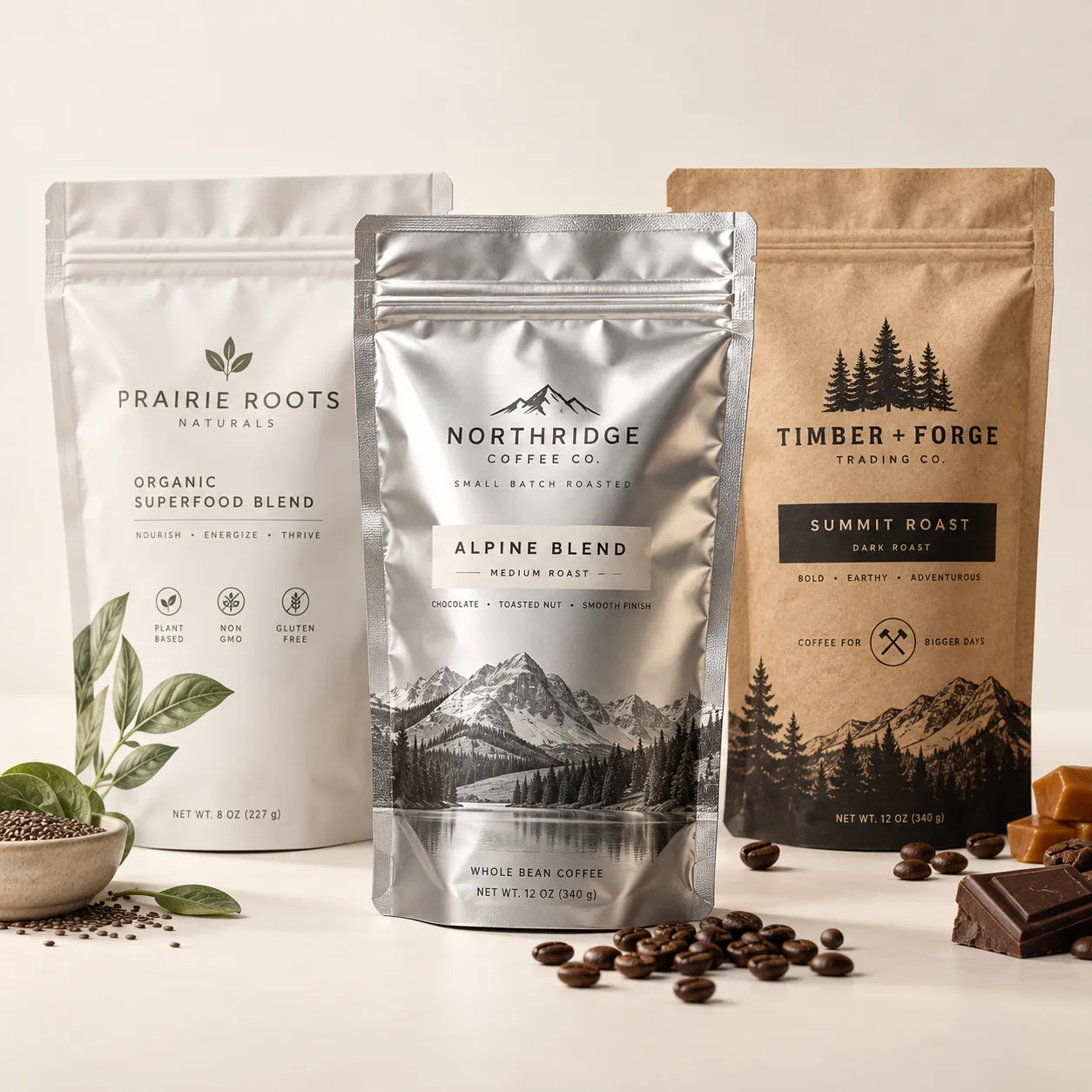 Three premium product packaging bags: white Prairie Roots superfood blend, silver Northridge Coffee alpine roast, kraft Timber Forge dark roast