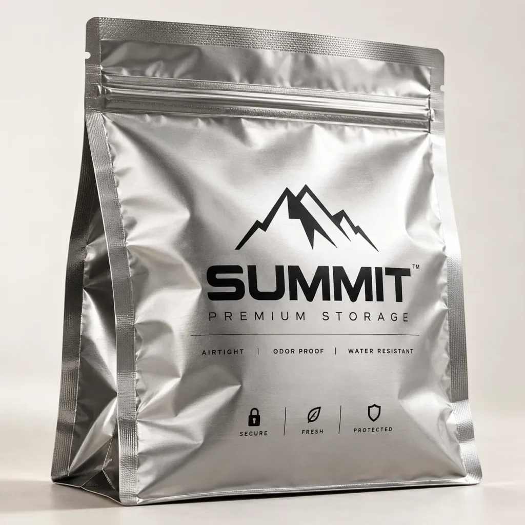 Silver mylar resealable standup pouch with Summit Premium Storage logo, mountain graphic, airtight odor proof water resistant packaging bag
