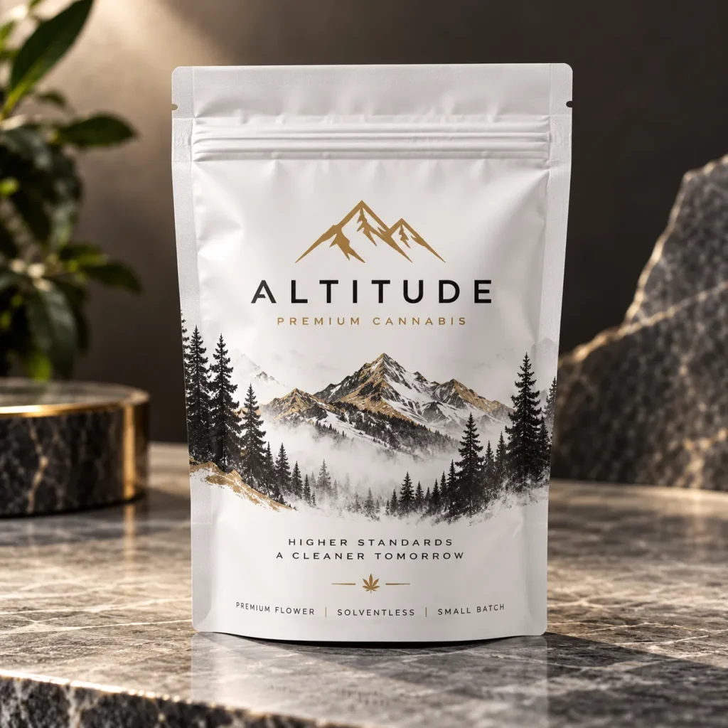White premium cannabis packaging bag for Altitude brand featuring gold mountain logo, pine trees, and luxury marble surface display