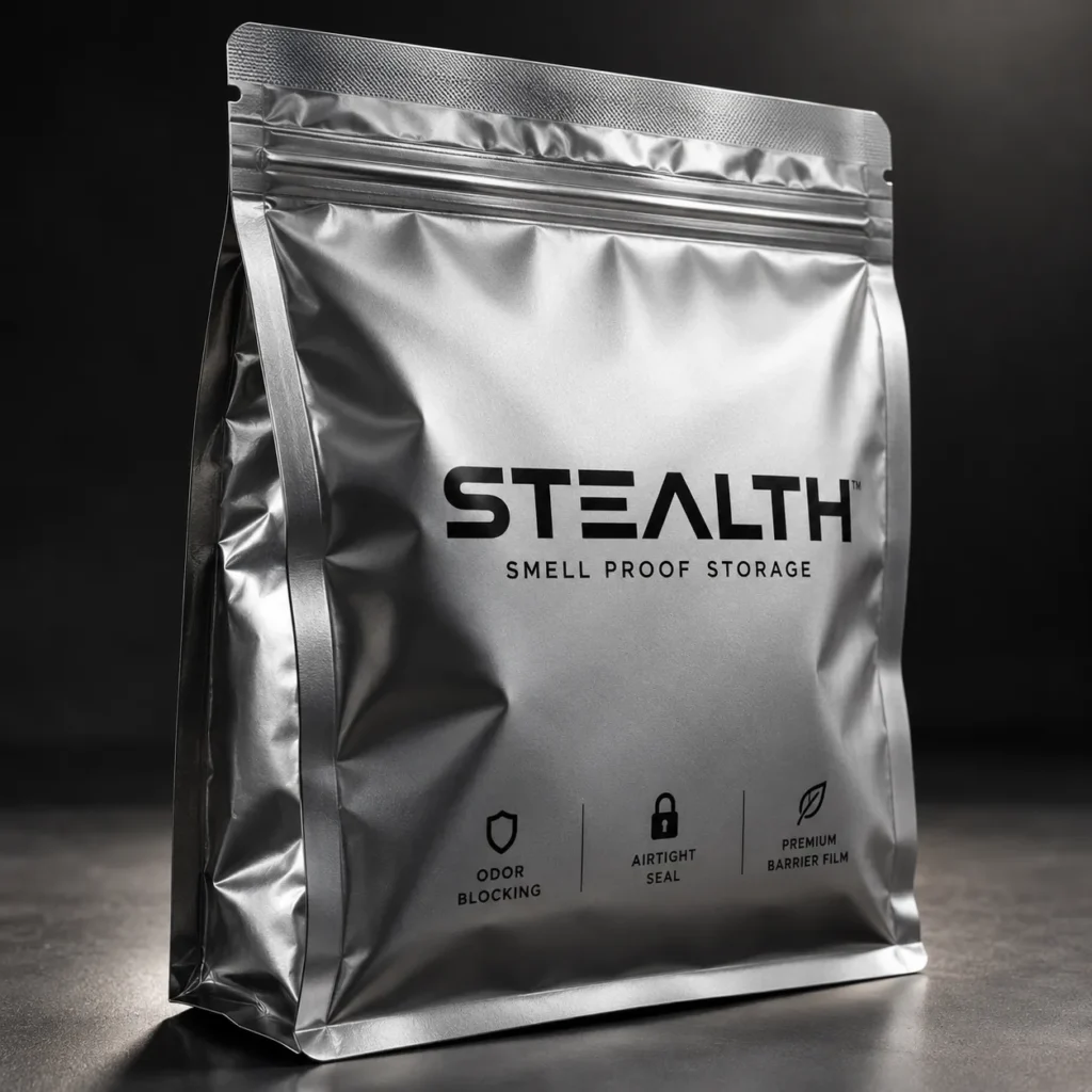 Silver mylar smell proof storage bag with STEALTH™ branding, odor blocking airtight seal, premium barrier film packaging