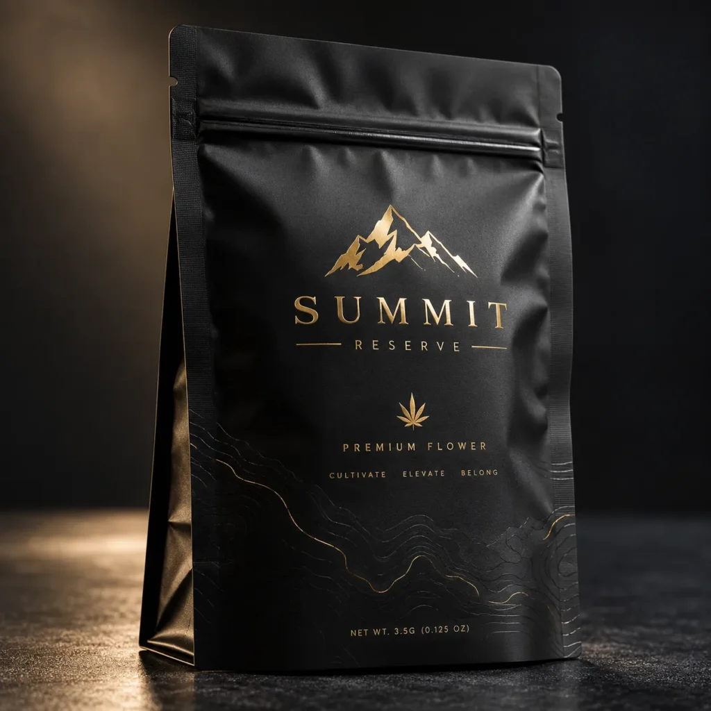 Matte black cannabis mylar bag with gold foil Summit Reserve Premium Flower branding, luxury packaging design, 3.5g pouch