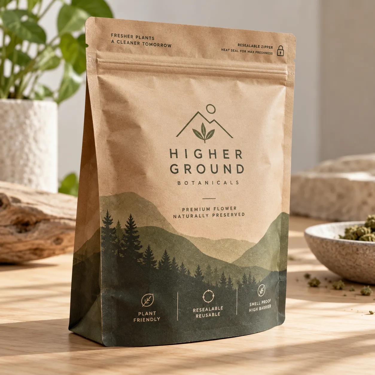 Kraft paper stand-up pouch for Higher Ground Botanicals premium flower, resealable zipper bag with mountain forest design, natural tones