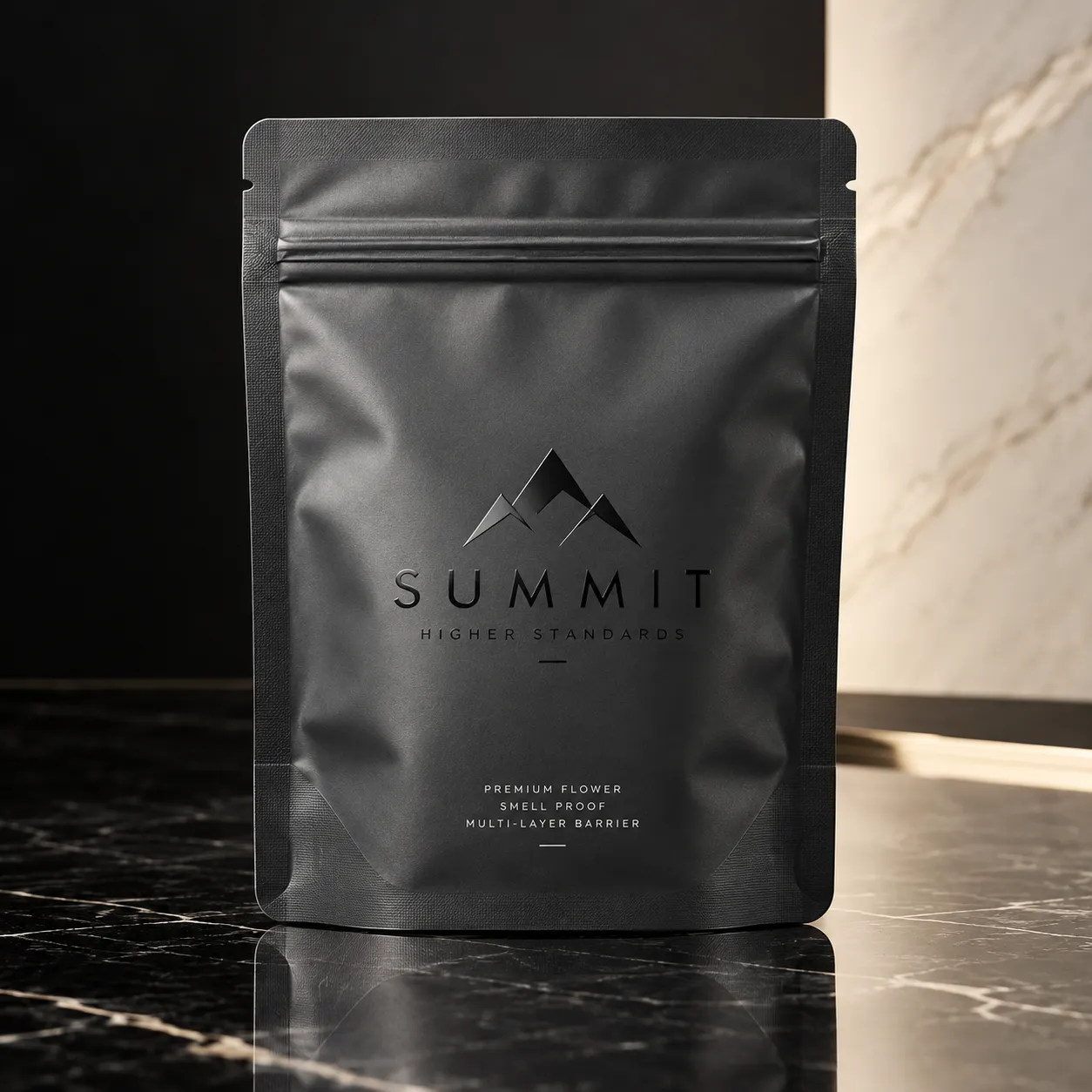 Matte black Summit Higher Standards premium flower smell proof mylar bag on dark marble surface, luxury cannabis packaging