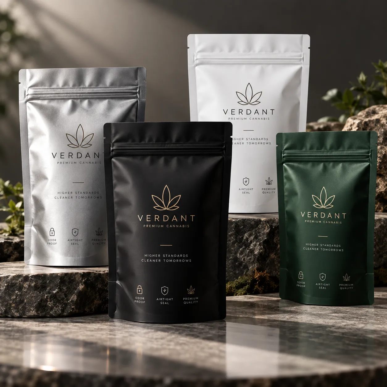 Four Verdant Premium Cannabis mylar pouches in black, white, silver, and green displayed on stone surface with luxury packaging design
