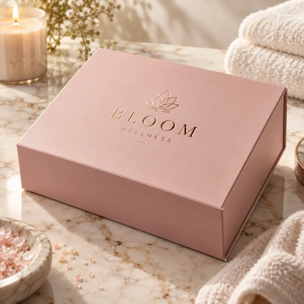 Blush pink luxury magnetic gift box with rose gold Bloom Wellness logo on marble surface with candle and towels