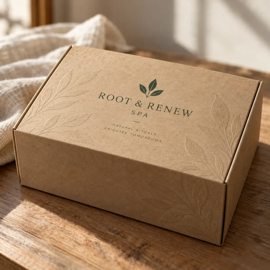 Kraft cardboard mailer box with green leaf logo for Root & Renew Spa, placed on rustic wood table in warm natural light