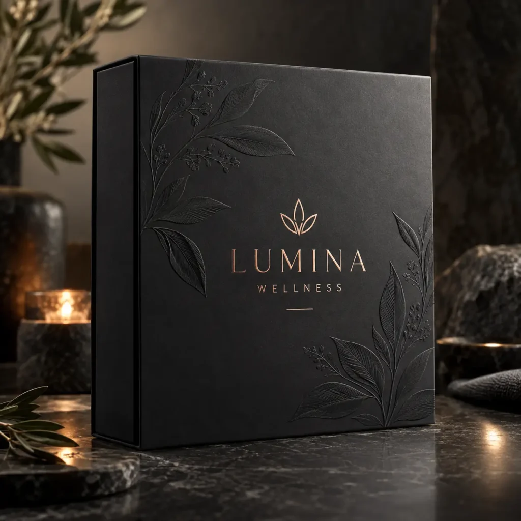 Luxury black matte gift box with rose gold Lumina Wellness logo, embossed botanical leaves, candlelight ambiance, premium packaging design