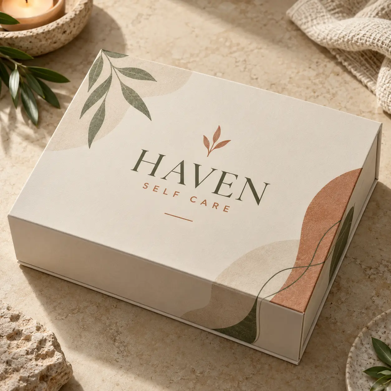 Haven Self Care cream gift box with green botanical leaf print and terracotta accents on stone surface, luxury custom packaging design