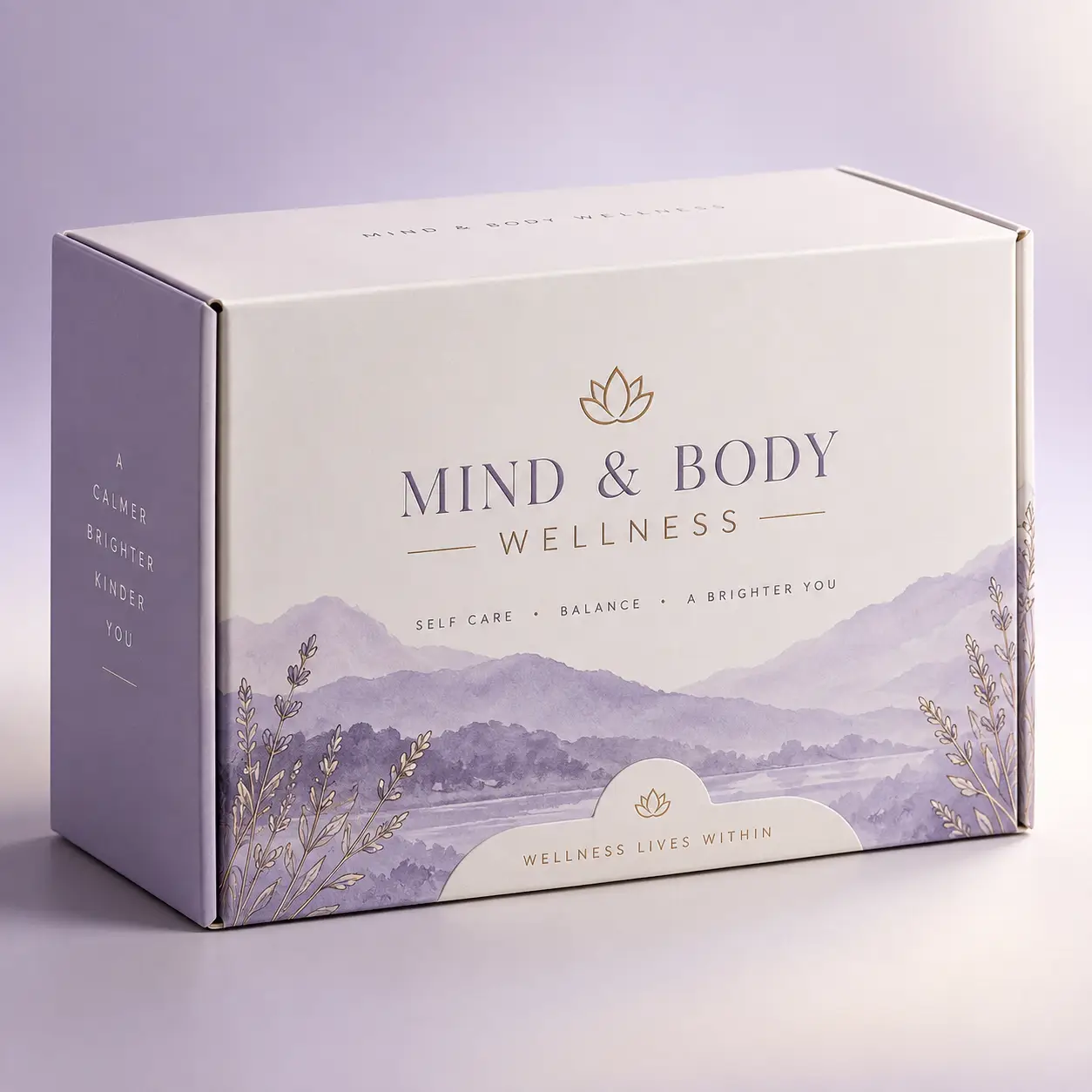 Elegant white lavender wellness gift box packaging with lotus logo, watercolor mountain scene, and Mind & Body Wellness branding