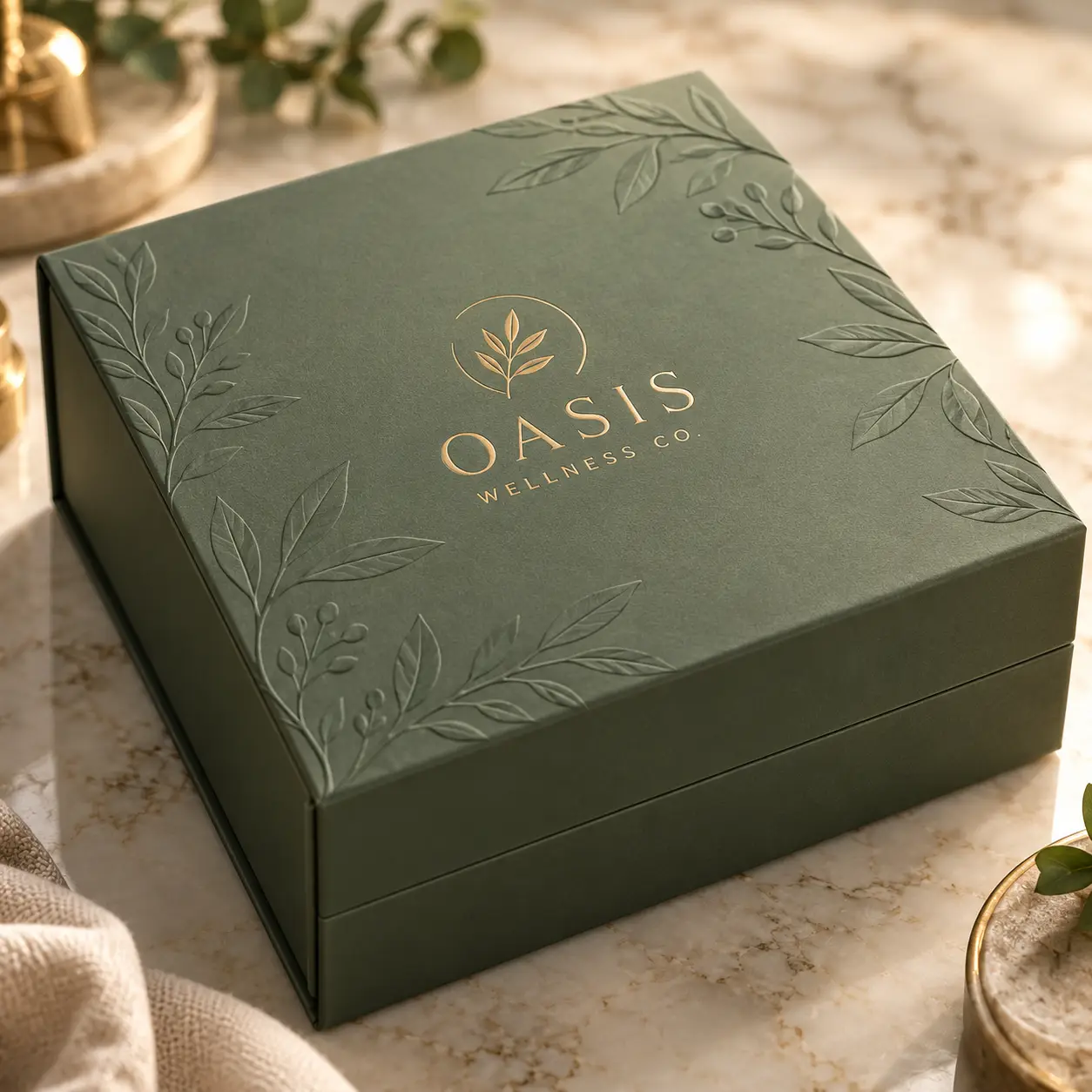 Sage green luxury gift box with gold foil Oasis Wellness Co logo and embossed botanical leaf design on marble surface