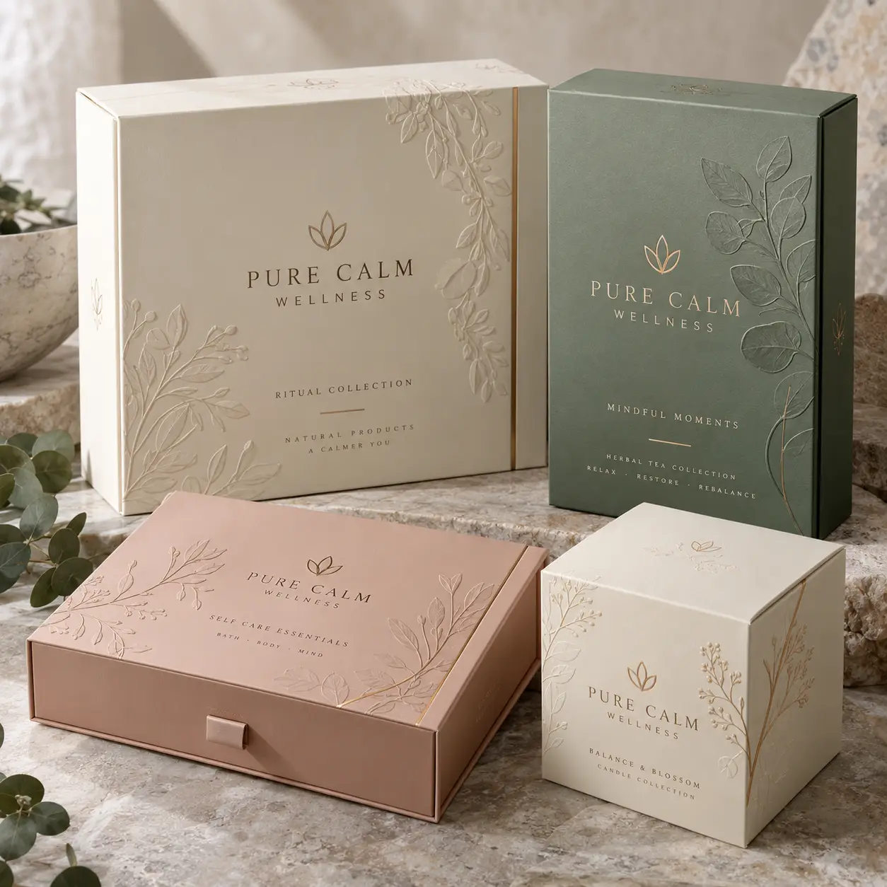 Luxury wellness gift boxes in sage green, blush pink, and cream with gold botanical embossing for Pure Calm Wellness brand