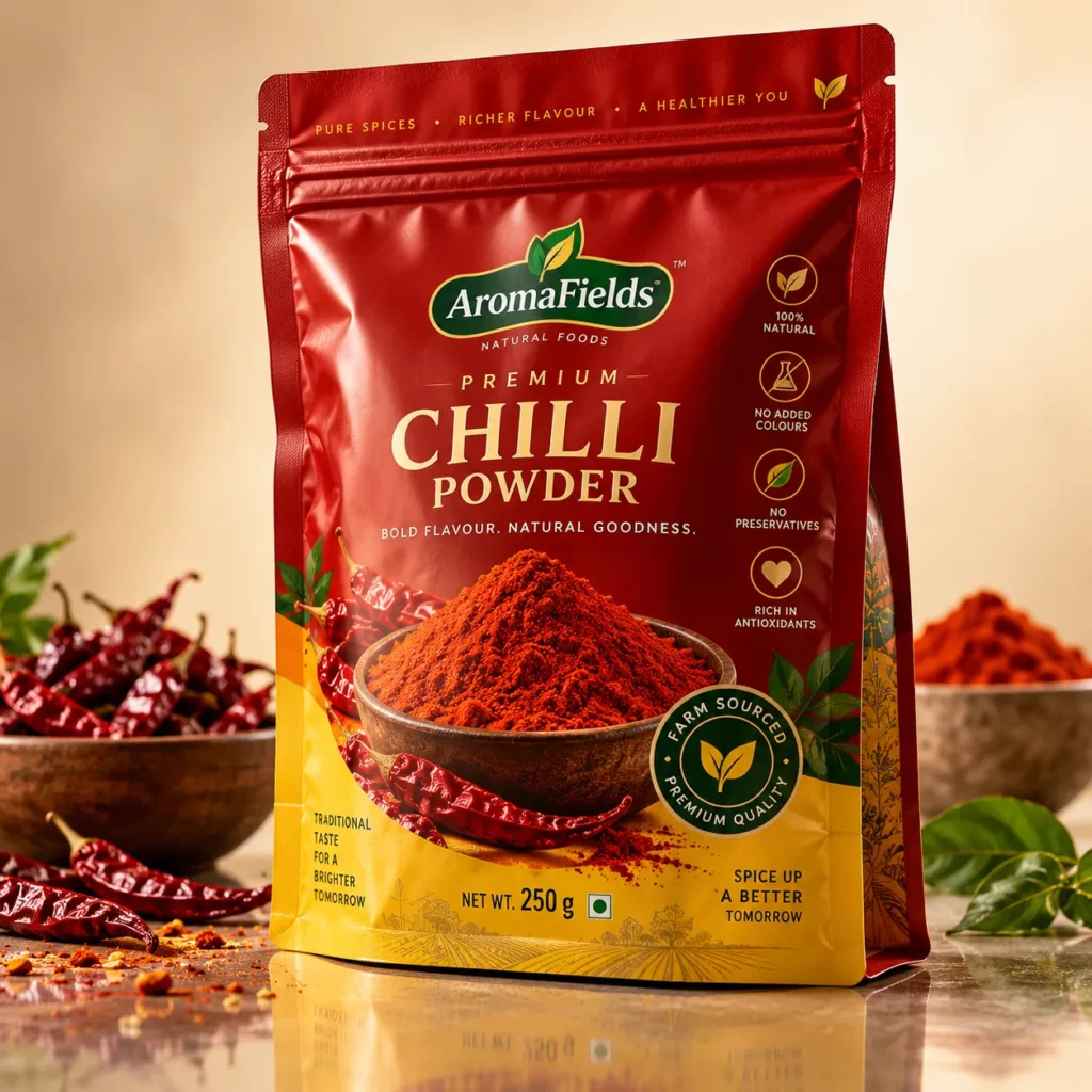 AromaFields Premium Chilli Powder 250g red stand-up pouch with bold gold text, dried red chilies, and spice bowl styling