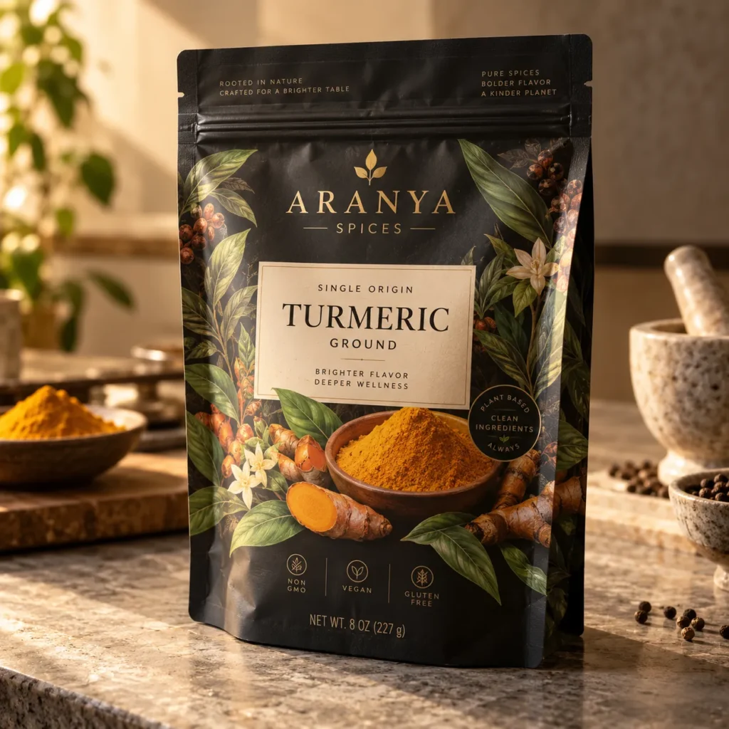 Aranya Spices black resealable pouch of single origin ground turmeric 8oz on marble countertop with mortar and pestle