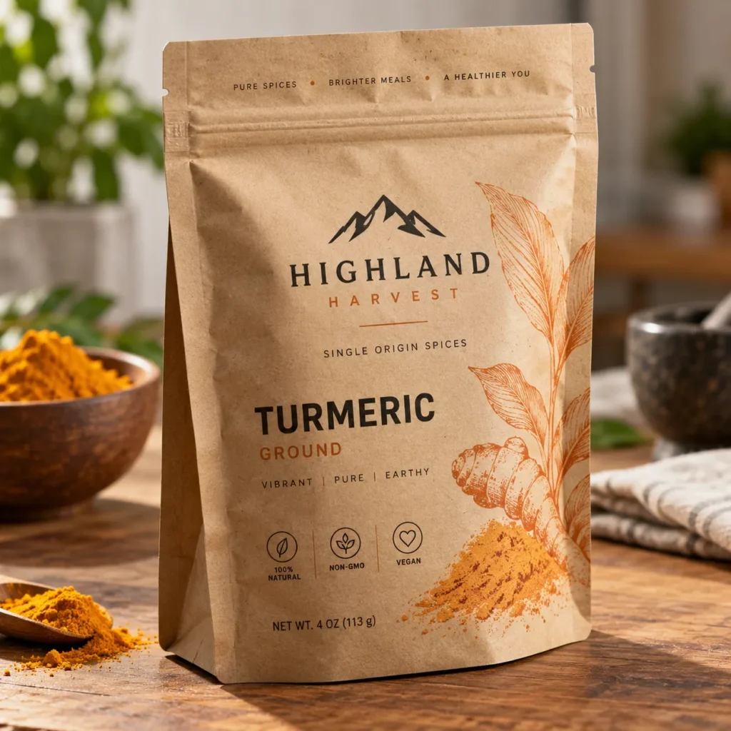 Highland Harvest ground turmeric spice kraft paper resealable pouch, 4oz, natural brown packaging, wooden table, vibrant orange powder