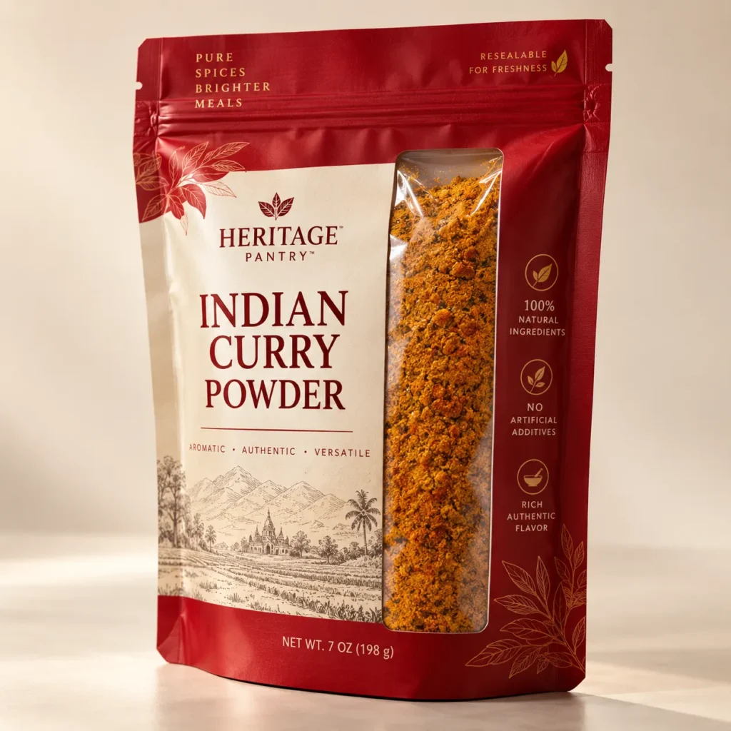 Heritage Pantry Indian Curry Powder 7oz red resealable spice bag with clear window showing vibrant golden-orange powder blend