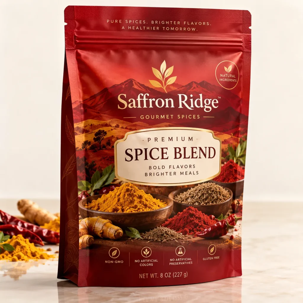 Red Saffron Ridge Gourmet Spices premium spice blend pouch with turmeric, cumin, chili powder, non-GMO gluten-free 8oz packaging design