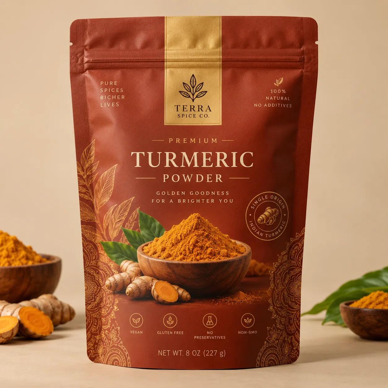 Terra Spice Co premium turmeric powder 8oz deep red resealable pouch with gold accents, turmeric roots, and wooden bowl display