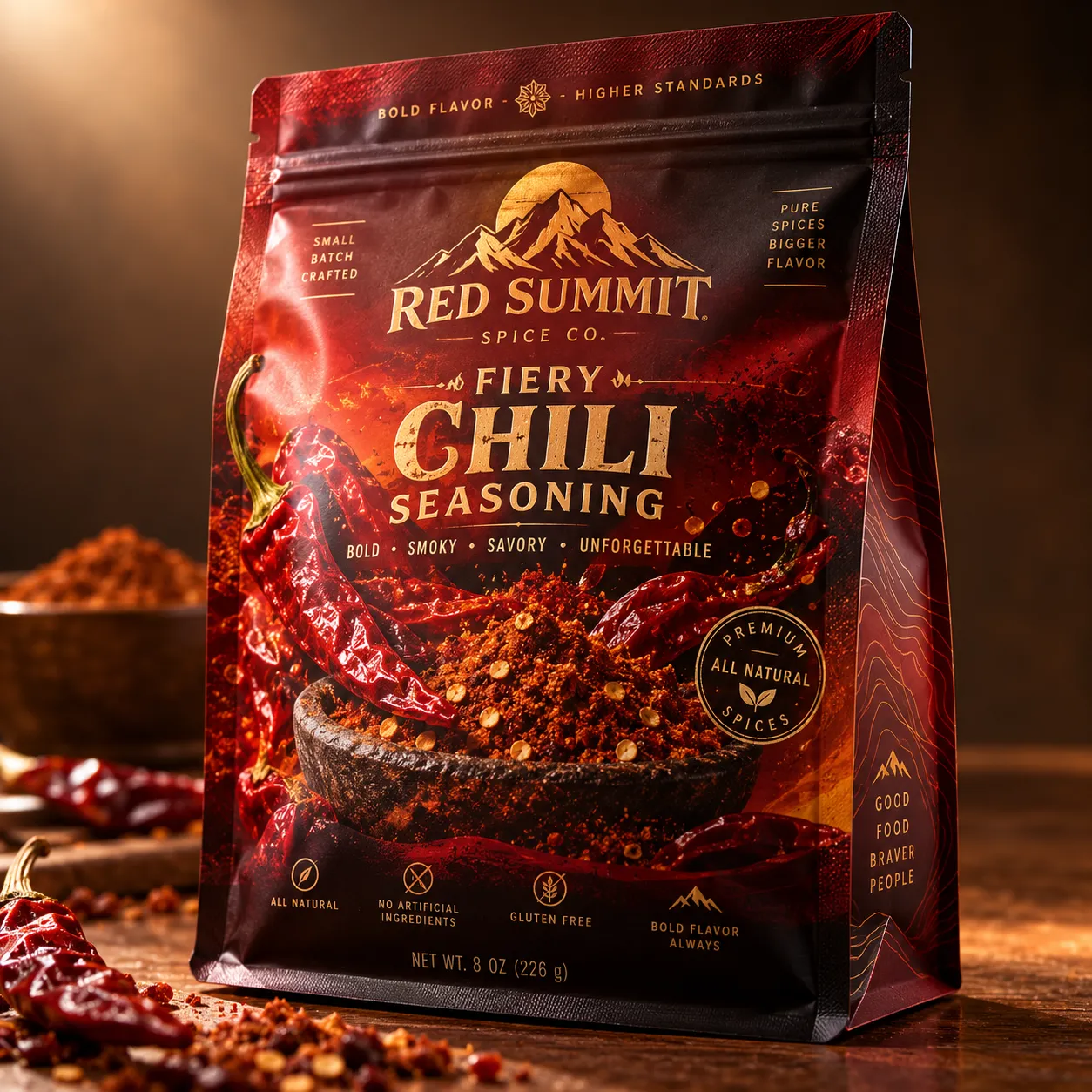 Red Summit Spice Co Fiery Chili Seasoning 8oz dark red resealable bag with dried chilies and spice blend on rustic wood surface