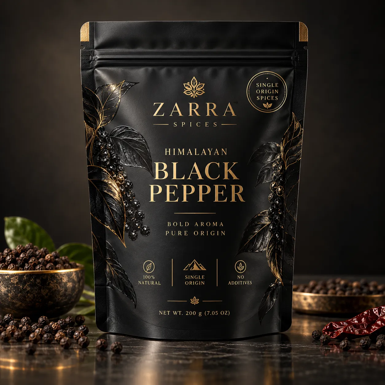 Zarra Spices Himalayan Black Pepper luxury matte black gold foil stand-up pouch packaging design with botanical illustrations