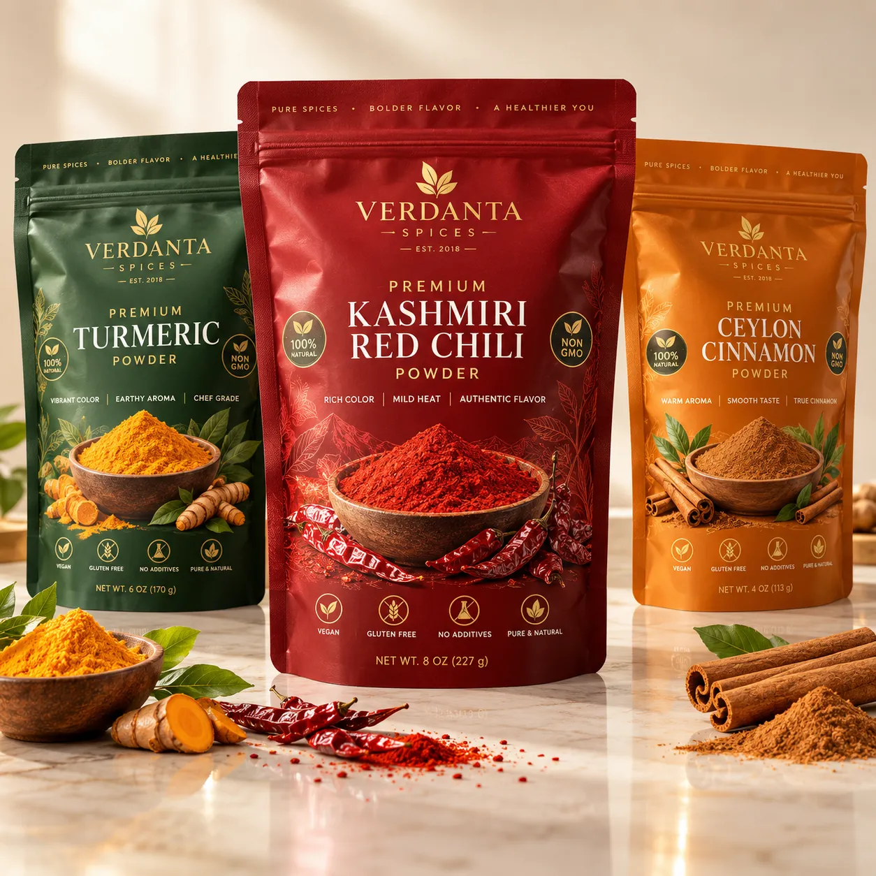 Verdanta Spices premium packaging trio: red Kashmiri chili, green turmeric, gold Ceylon cinnamon powder pouches on marble surface