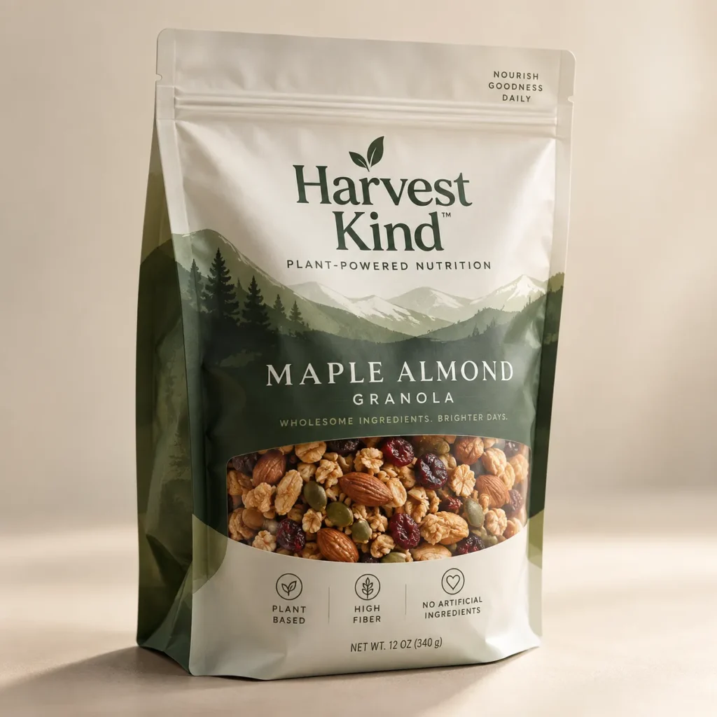 Harvest Kind Maple Almond Granola 12oz resealable bag, plant-based, high fiber, nature-inspired green mountain packaging design