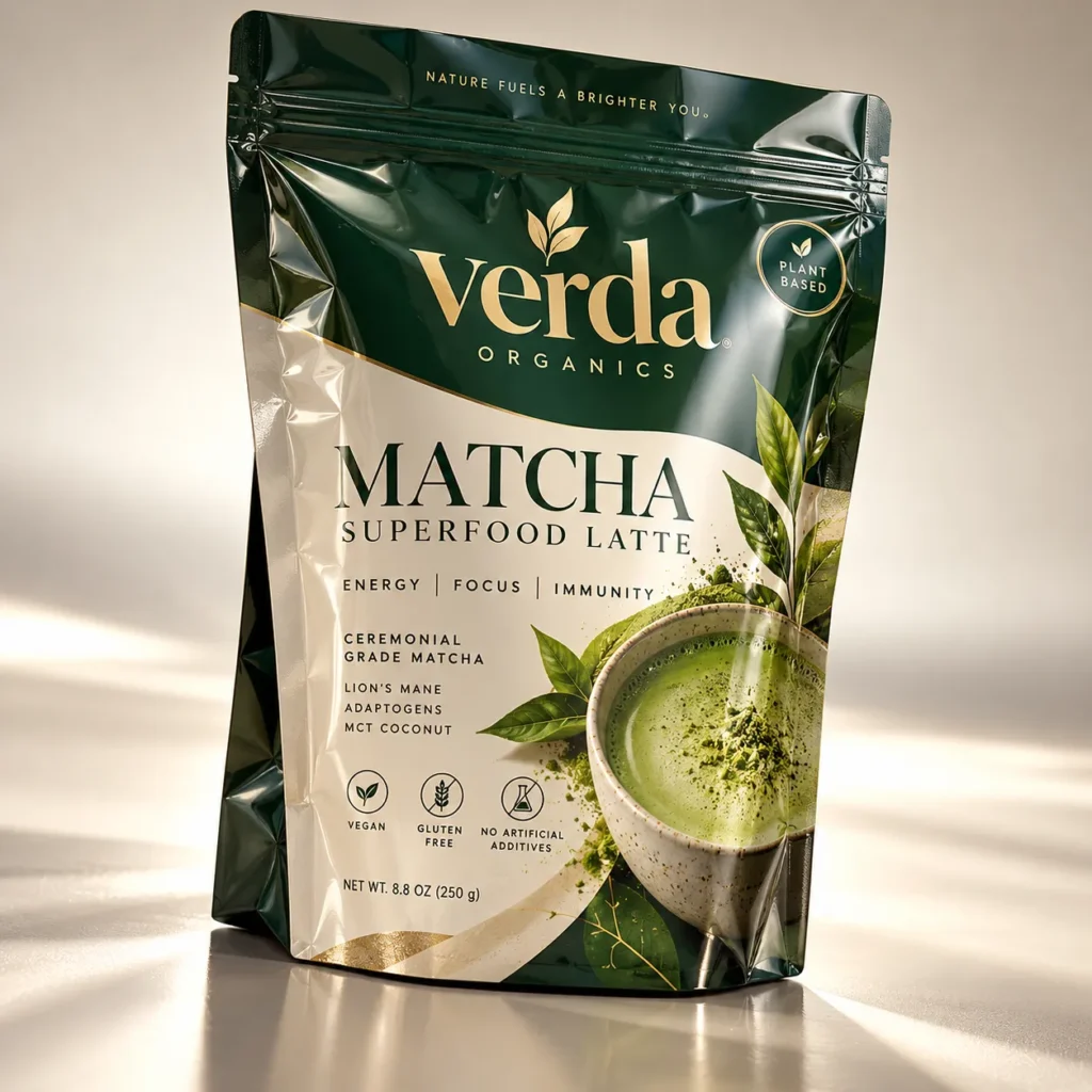 Verda Organics Matcha Superfood Latte 250g green resealable pouch with gold branding, vegan ceremonial grade packaging design