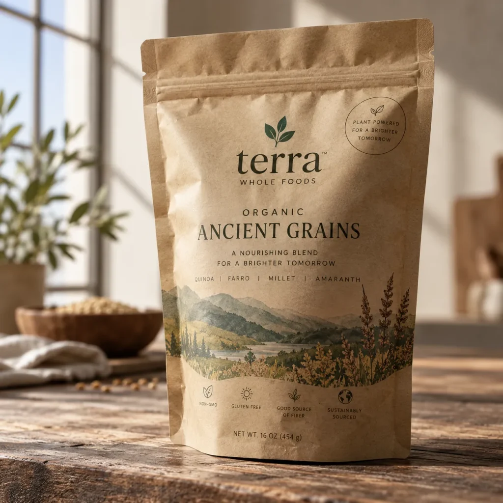 Terra Whole Foods organic ancient grains kraft paper resealable bag on rustic wood table in warm natural light