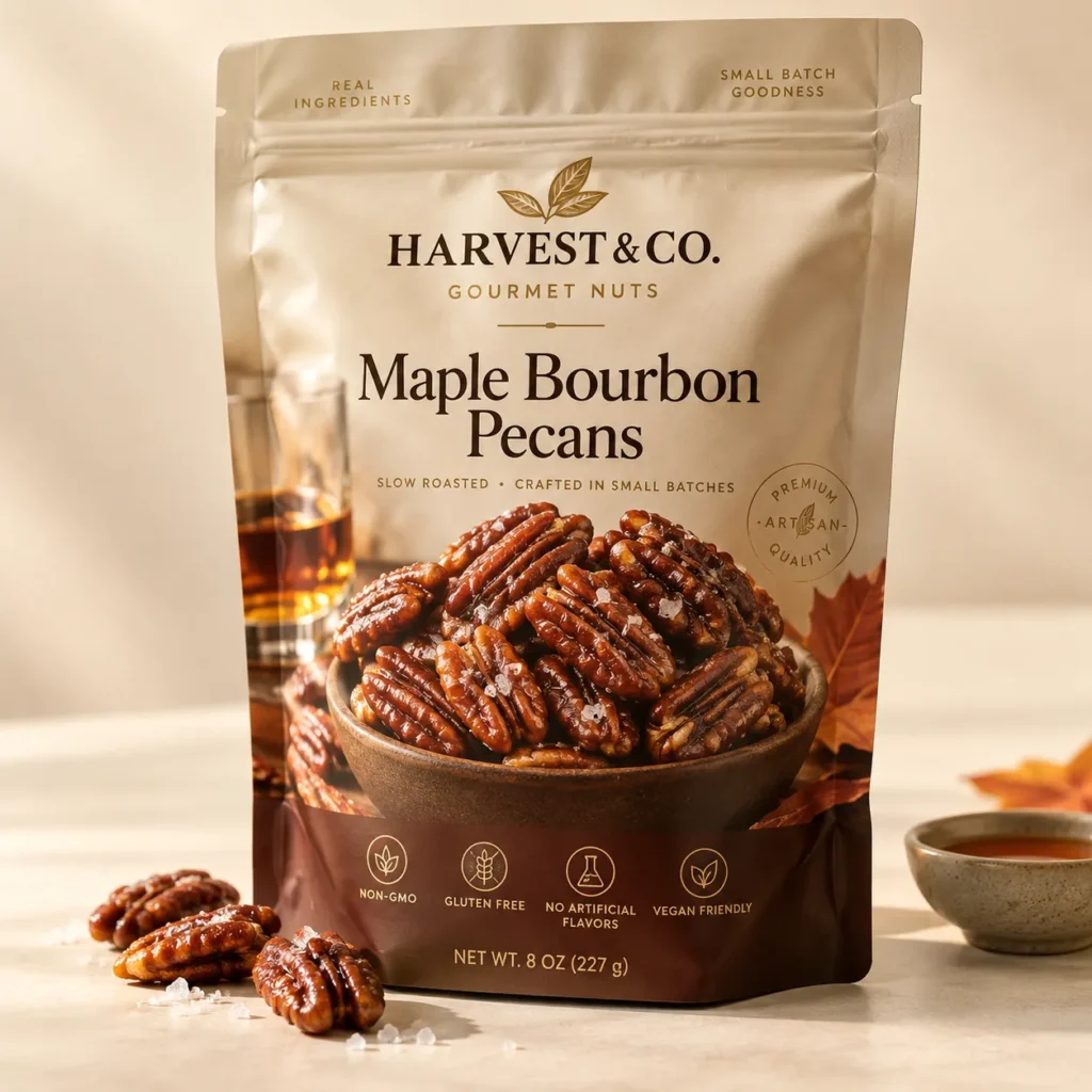 Harvest & Co. gourmet Maple Bourbon Pecans 8oz bag, non-GMO gluten-free snack, slow roasted pecans in warm autumn packaging