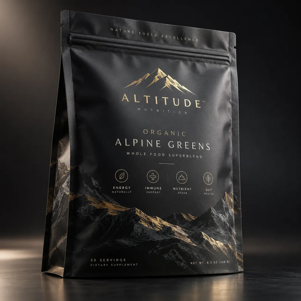 Black matte pouch of Altitude Nutrition Organic Alpine Greens supplement with gold mountain logo, 30 servings, luxury packaging design
