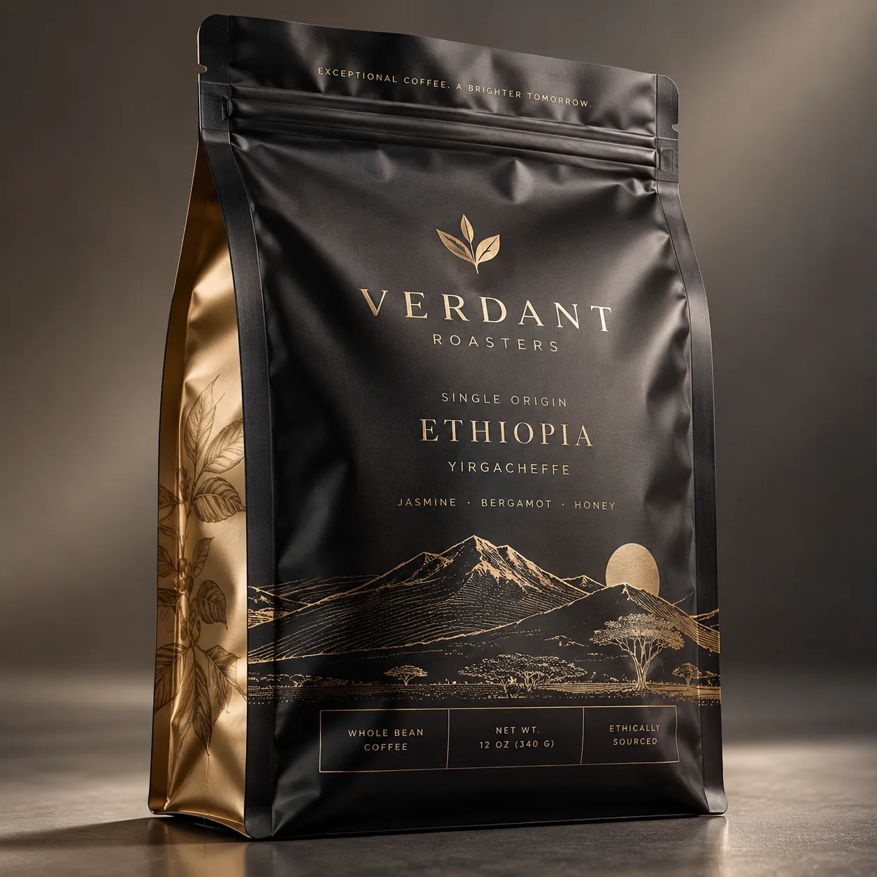 Verdant Roasters Ethiopia Yirgacheffe single origin coffee bag, matte black and gold luxury packaging design with mountain landscape