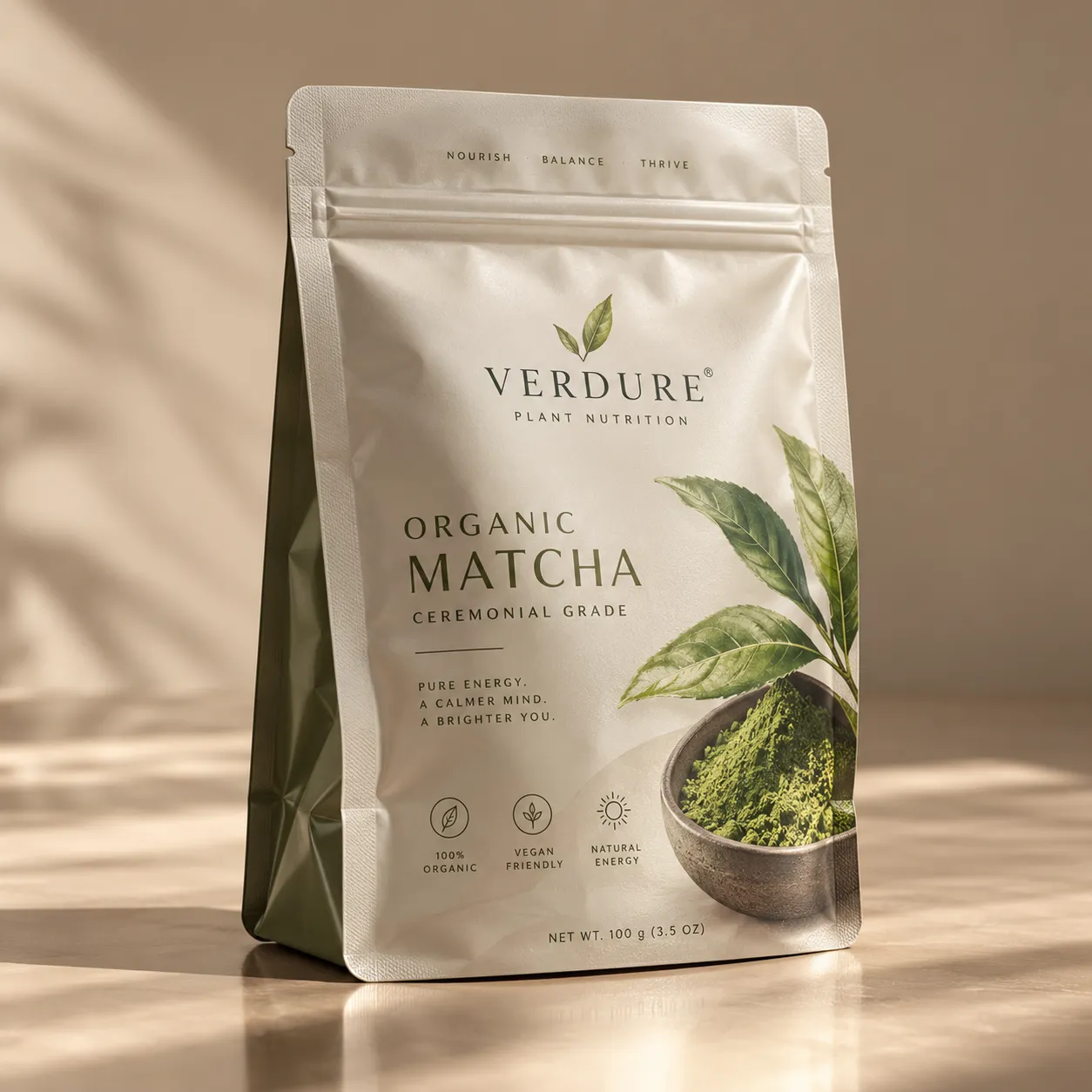 Verdure organic matcha ceremonial grade packaging, cream stand-up pouch with green tea leaves and powder bowl, soft natural lighting