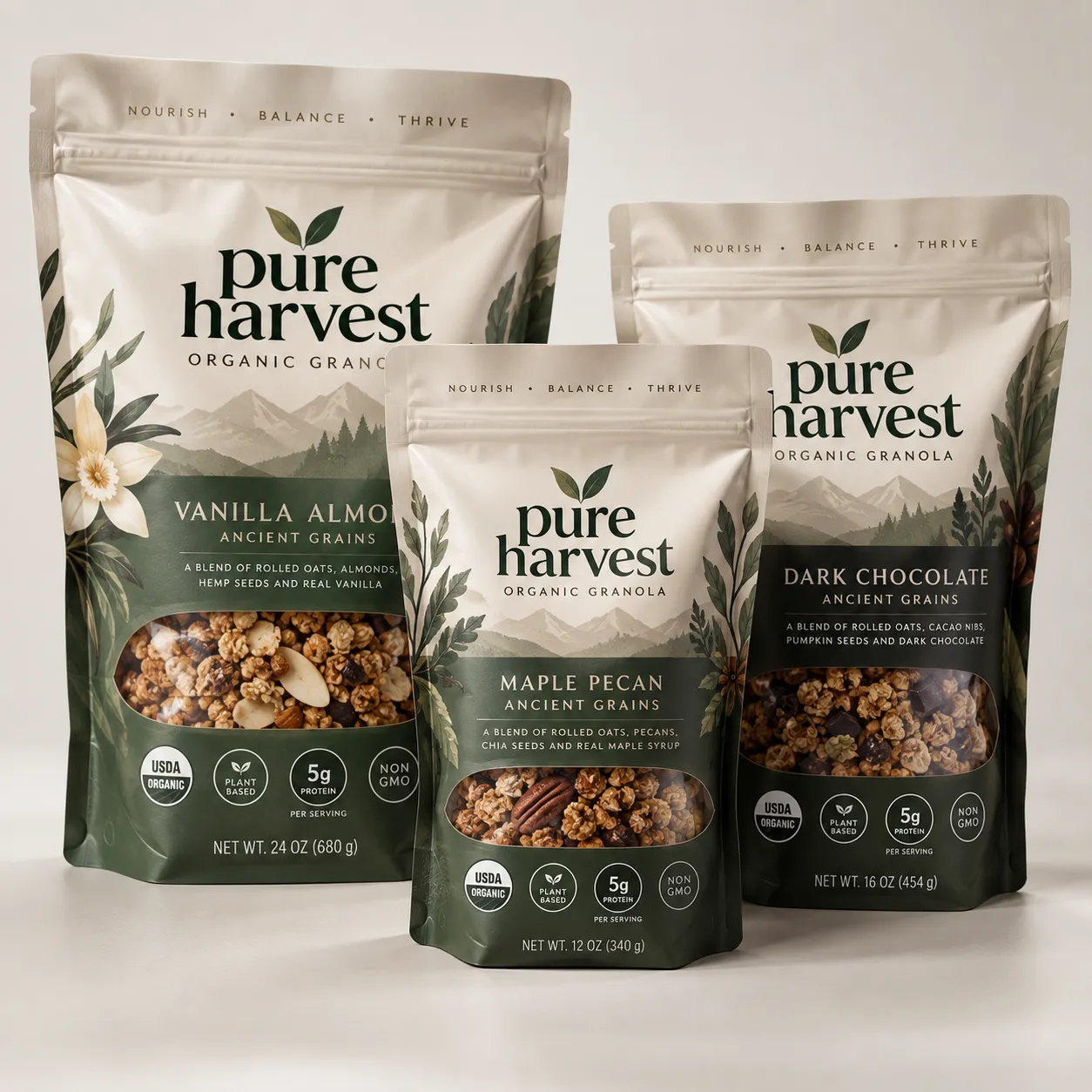 Three Pure Harvest organic granola bags in earth tones: Vanilla Almond, Maple Pecan, Dark Chocolate ancient grains packaging design