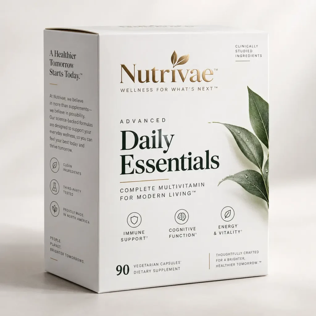 Nutrivae Advanced Daily Essentials multivitamin box, white premium supplement packaging with gold logo and green botanical leaves