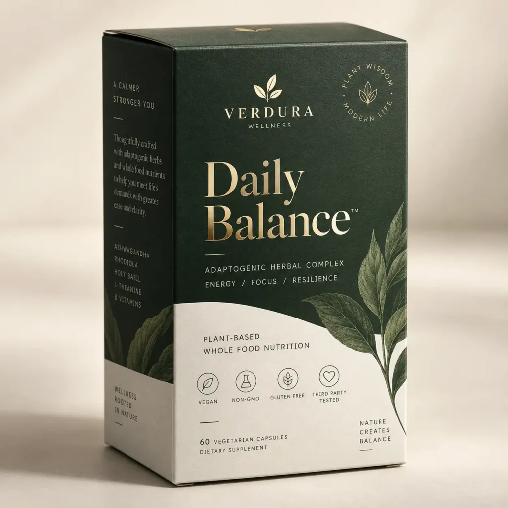 Dark green supplement box Verdura Wellness Daily Balance adaptogenic herbal complex, gold typography, botanical leaf design, beige background