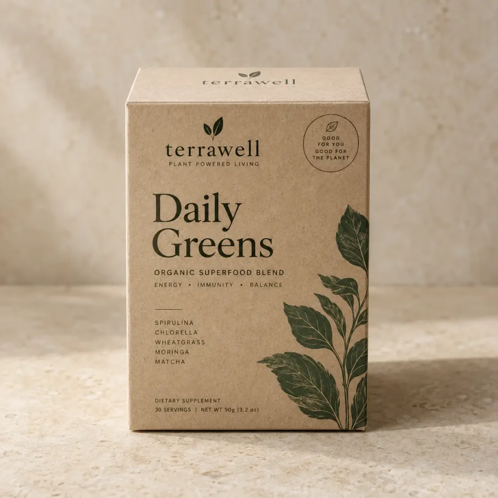 Terrawell Daily Greens organic superfood blend box in kraft brown with dark green botanical leaf illustration on stone surface