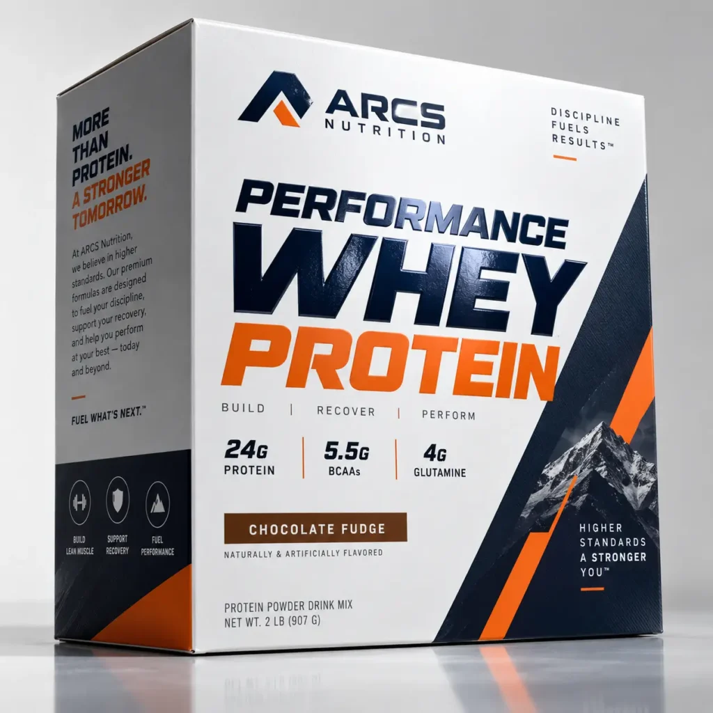 ARCS Nutrition Performance Whey Protein Chocolate Fudge 2lb box, white navy orange supplement packaging design with mountain graphic