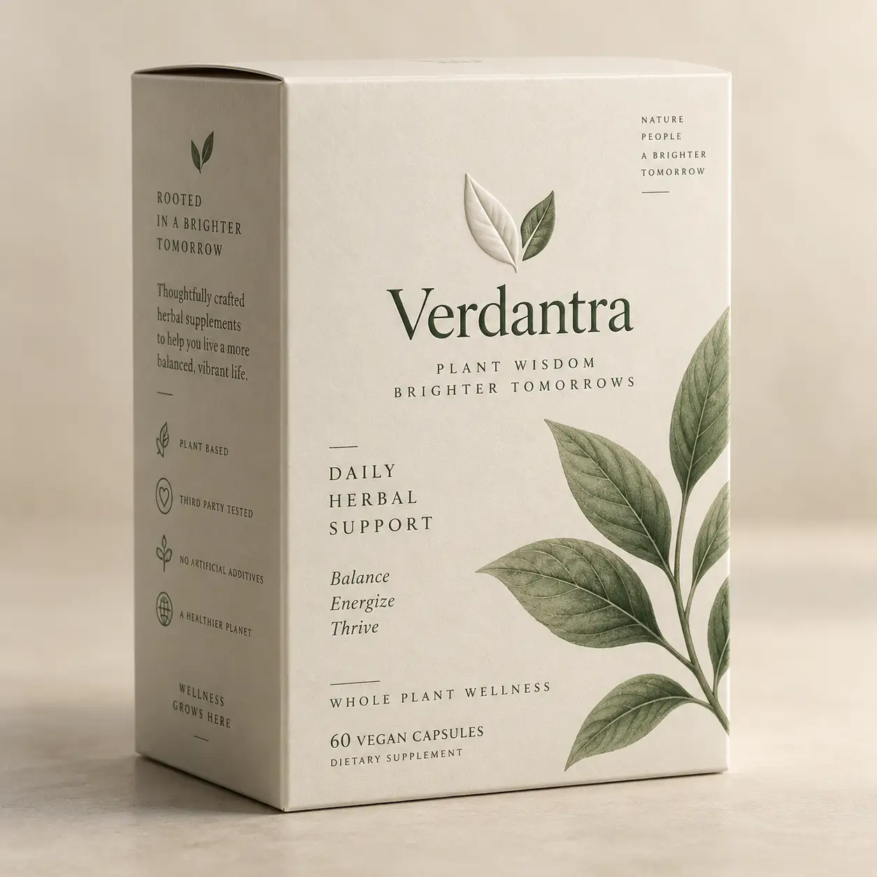 Verdantra herbal supplement box with green botanical leaves, 60 vegan capsules, minimal beige eco-friendly packaging design