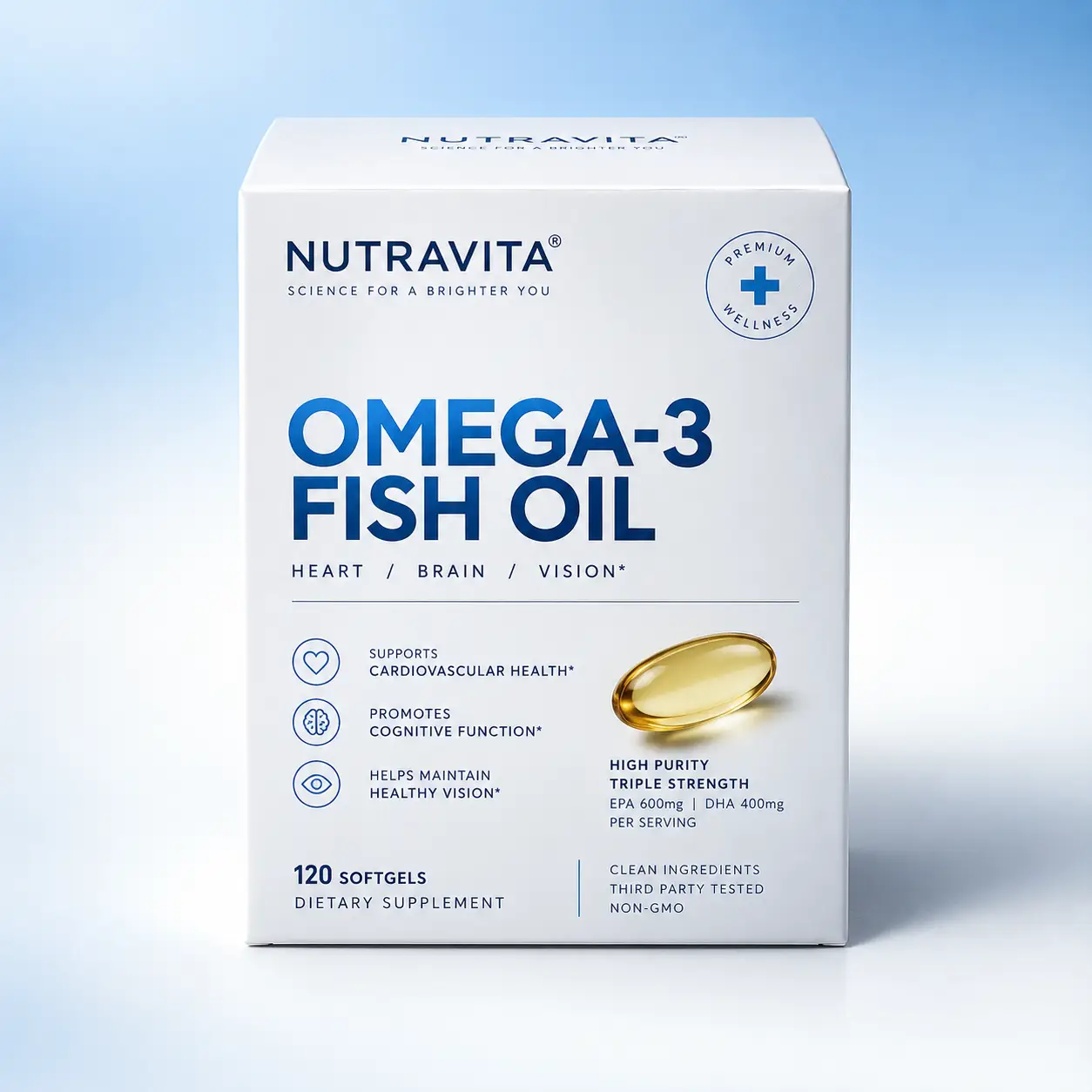 Nutravita Omega-3 Fish Oil supplement box, white and blue packaging, 120 softgels, EPA 600mg DHA 400mg, premium wellness dietary supplement
