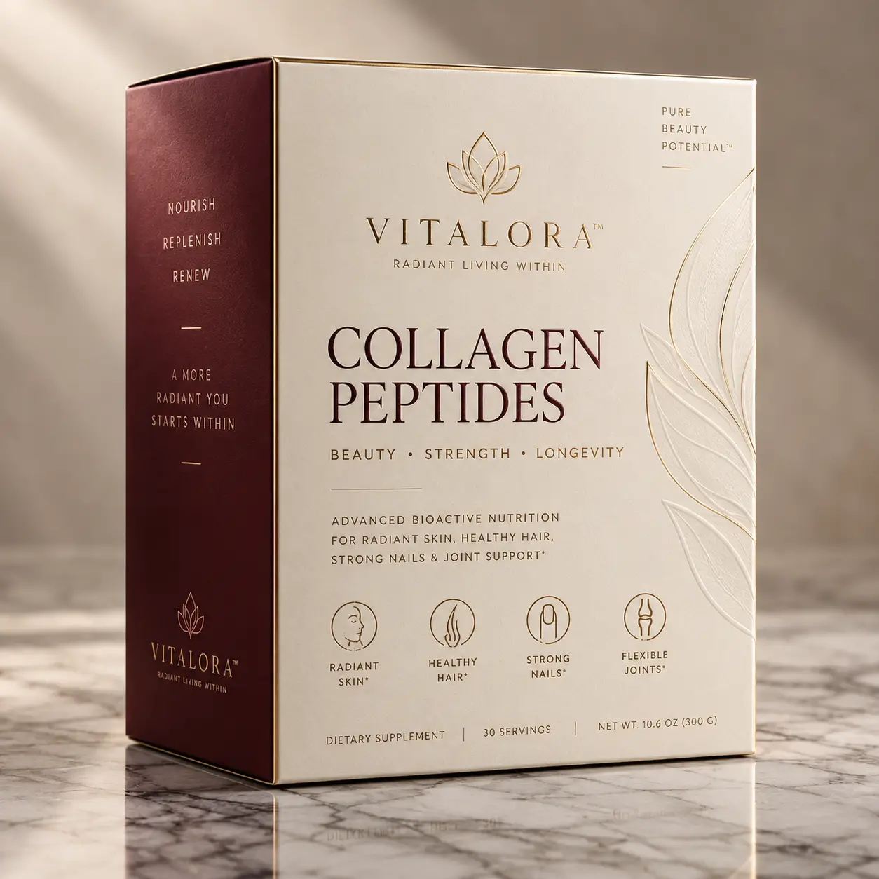 Vitalora Collagen Peptides supplement box in cream and burgundy on marble, luxury wellness product packaging design