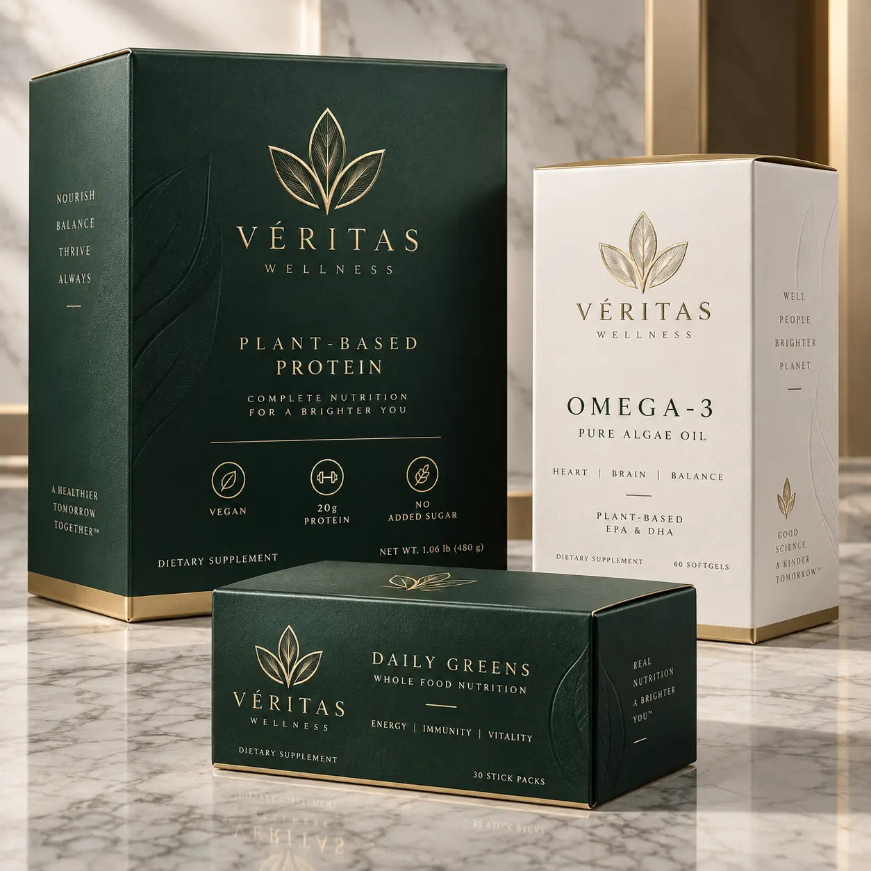 Véritas Wellness luxury supplement packaging set featuring dark green and white boxes with gold foil branding on marble surface
