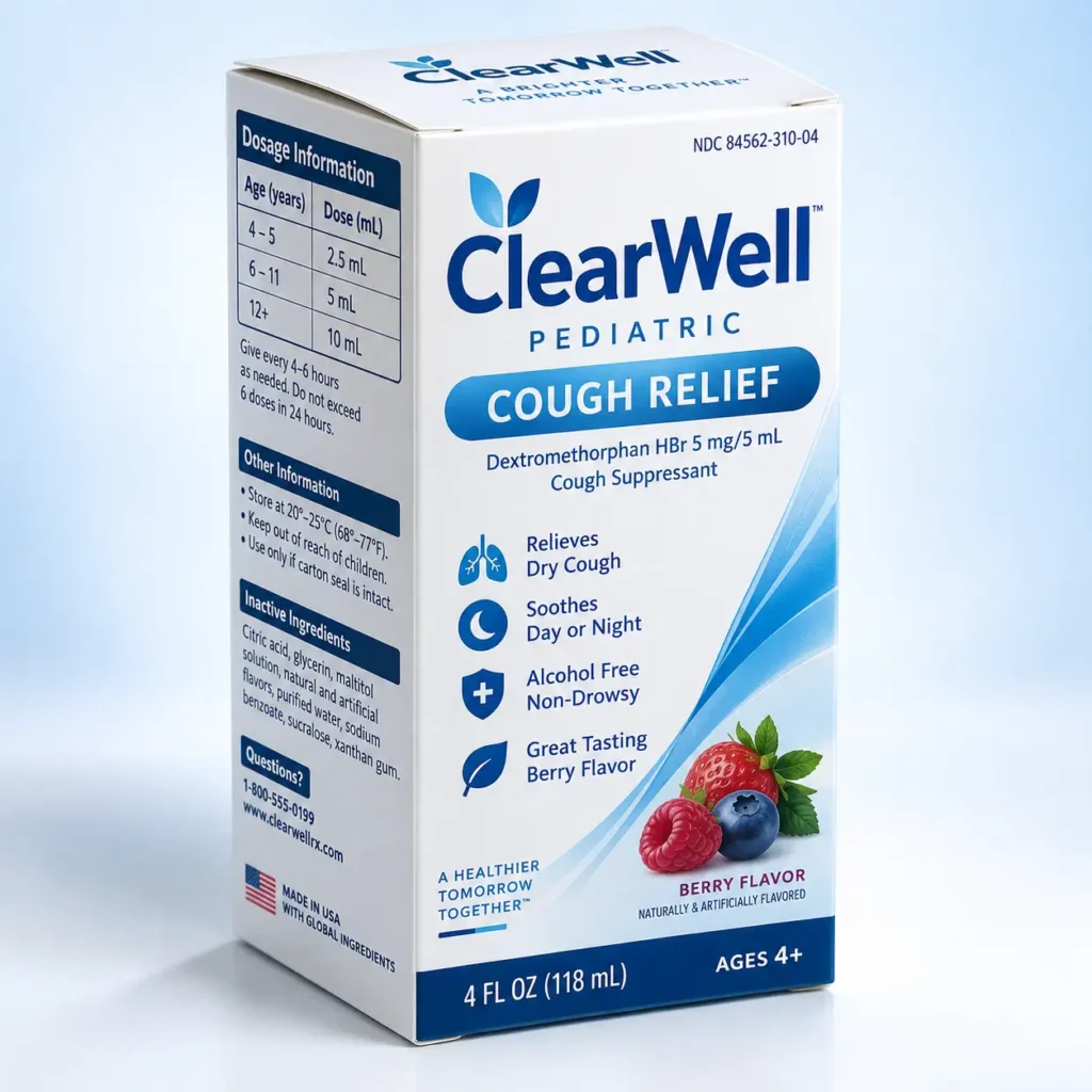 ClearWell Pediatric Cough Relief berry flavor medicine box, white and blue packaging, dextromethorphan syrup, ages 4+, 4 fl oz