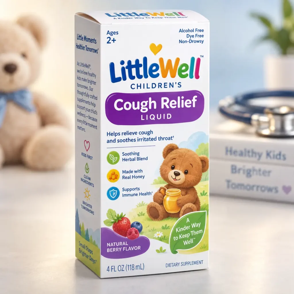 LittleWell Children's Cough Relief Liquid berry flavor 4oz box with cute bear mascot, honey jar, alcohol-free formula ages 2+