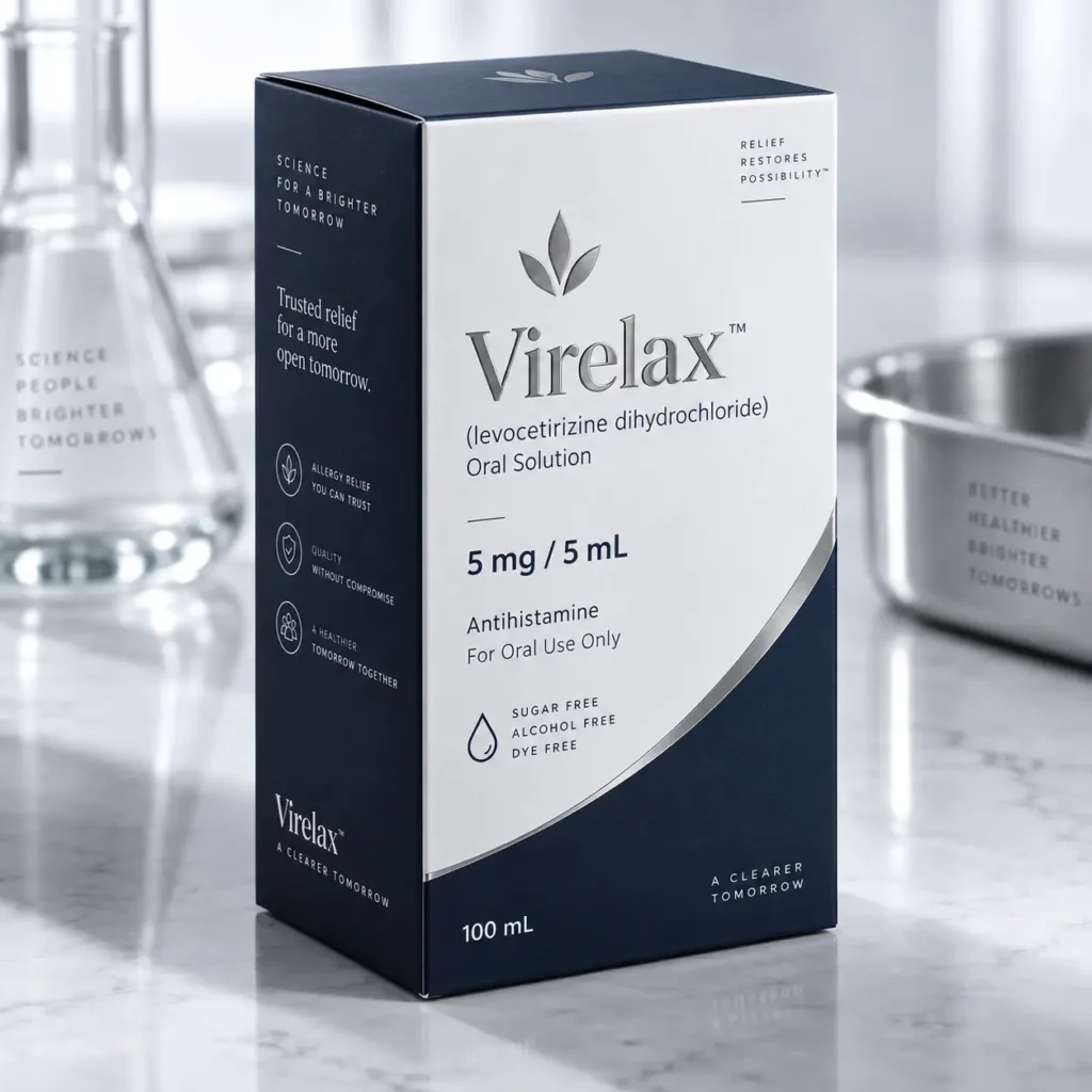 Navy blue Virelax levocetirizine antihistamine oral solution 5mg/5mL pharmaceutical packaging box on marble surface