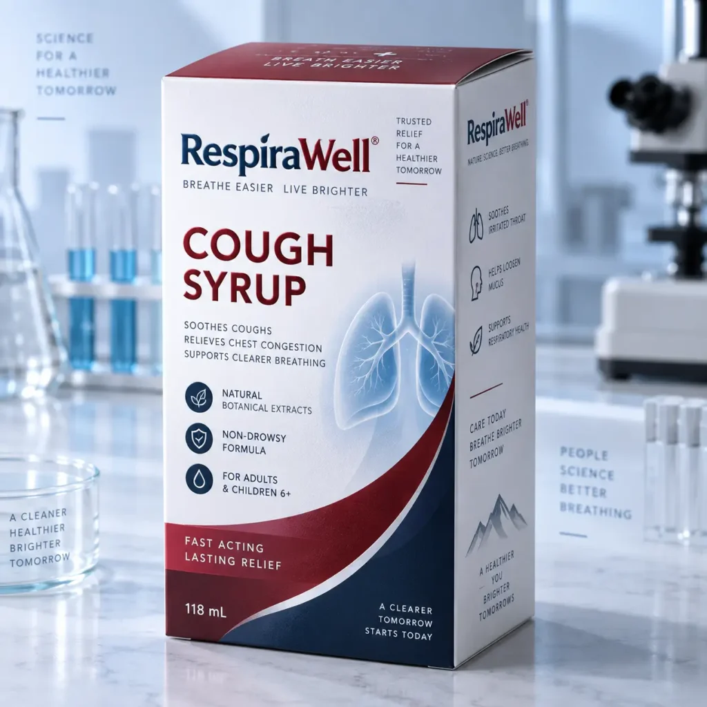 RespiraWell cough syrup 118mL white red navy box with lung illustration in professional lab setting