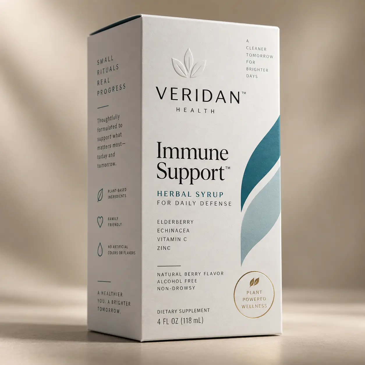 Veridan Health Immune Support herbal syrup box, white teal packaging, elderberry echinacea supplement, premium product photography