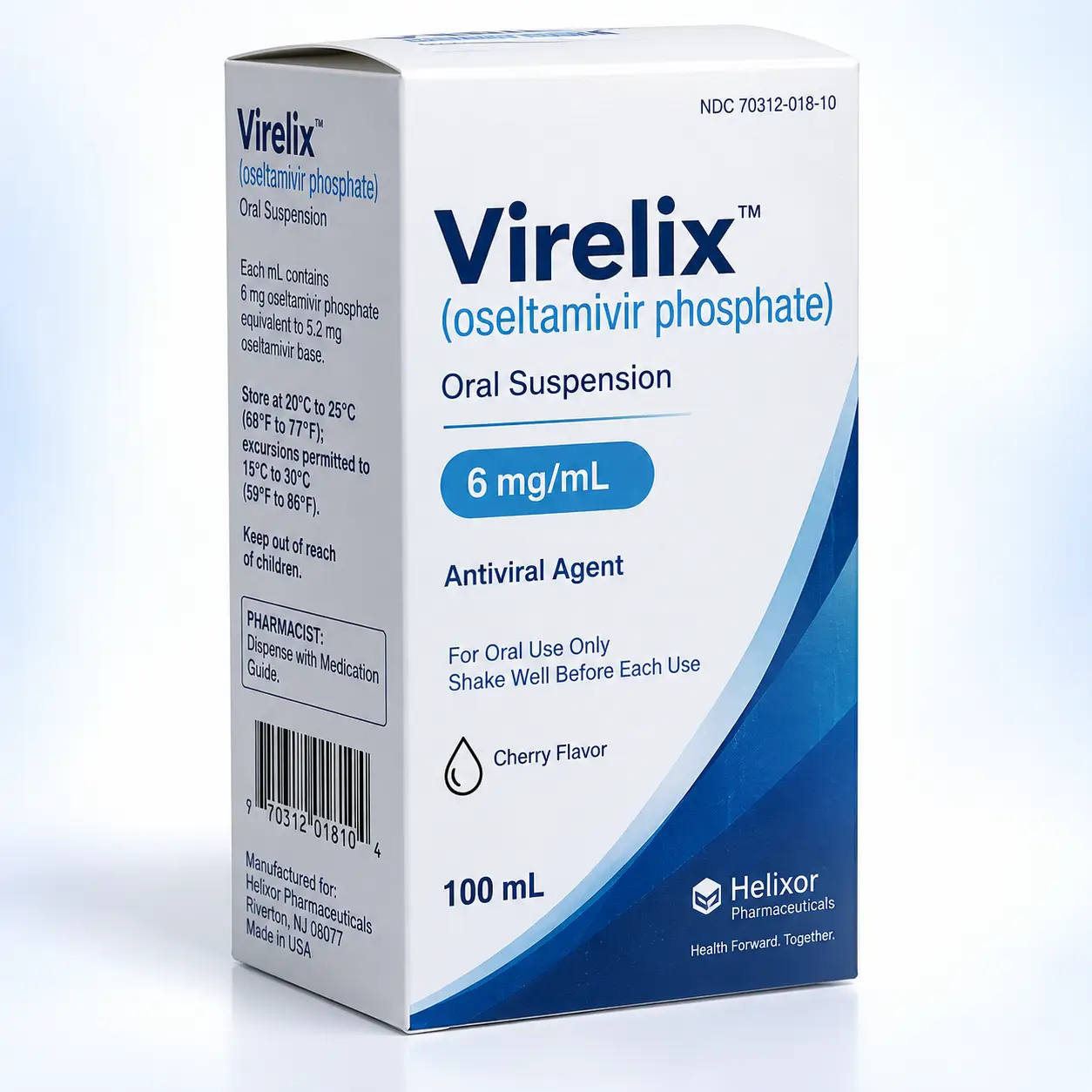 Virelix oseltamivir phosphate oral suspension 6mg/mL white blue pharmaceutical packaging box 100mL cherry flavor antiviral medication