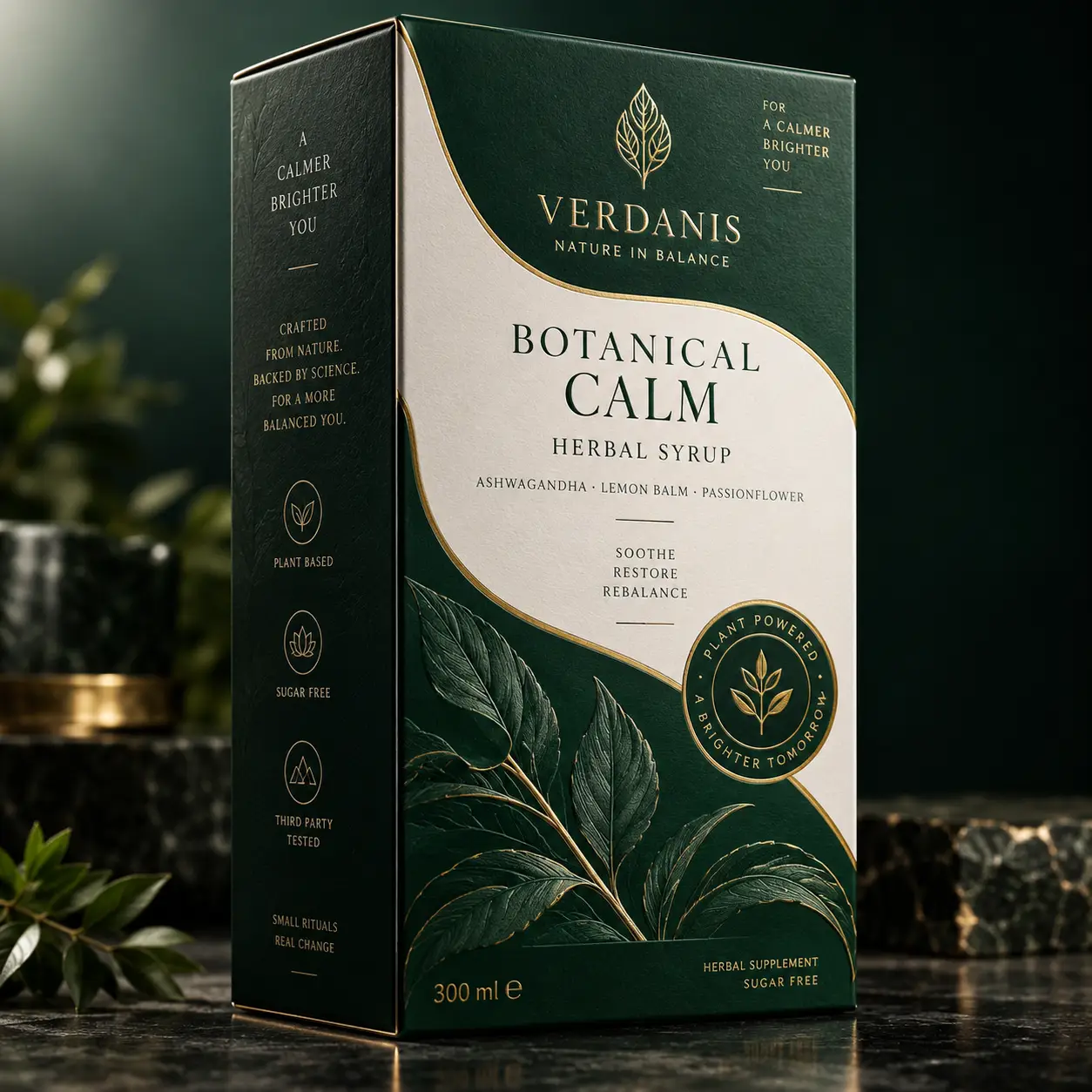 Verdanis Botanical Calm herbal syrup packaging, dark green luxury box with gold foil, ashwagandha lemon balm passionflower, 300ml
