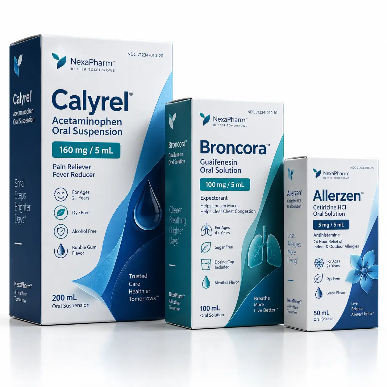Three NexaPharm medicine boxes: blue Calyrel acetaminophen, teal Broncora guaifenesin, white Allerzen cetirizine oral solutions